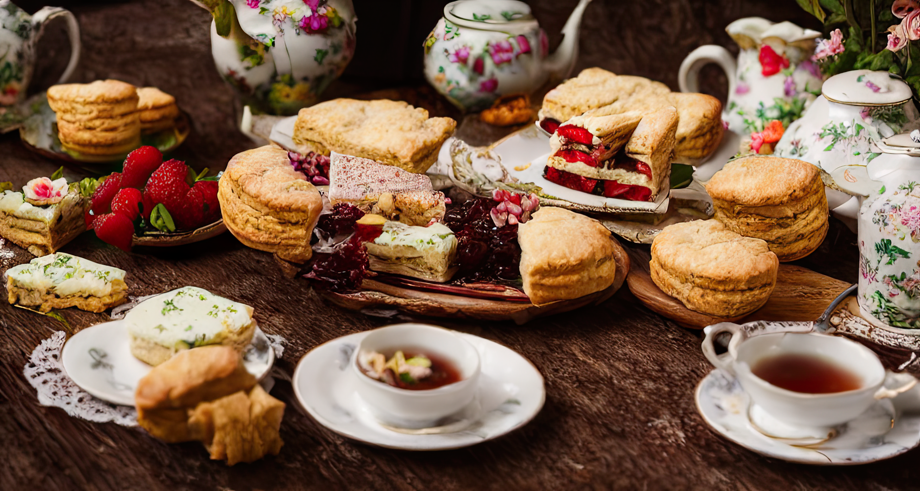 A spread of scones, pastries and a pot of tea for afternoon tea