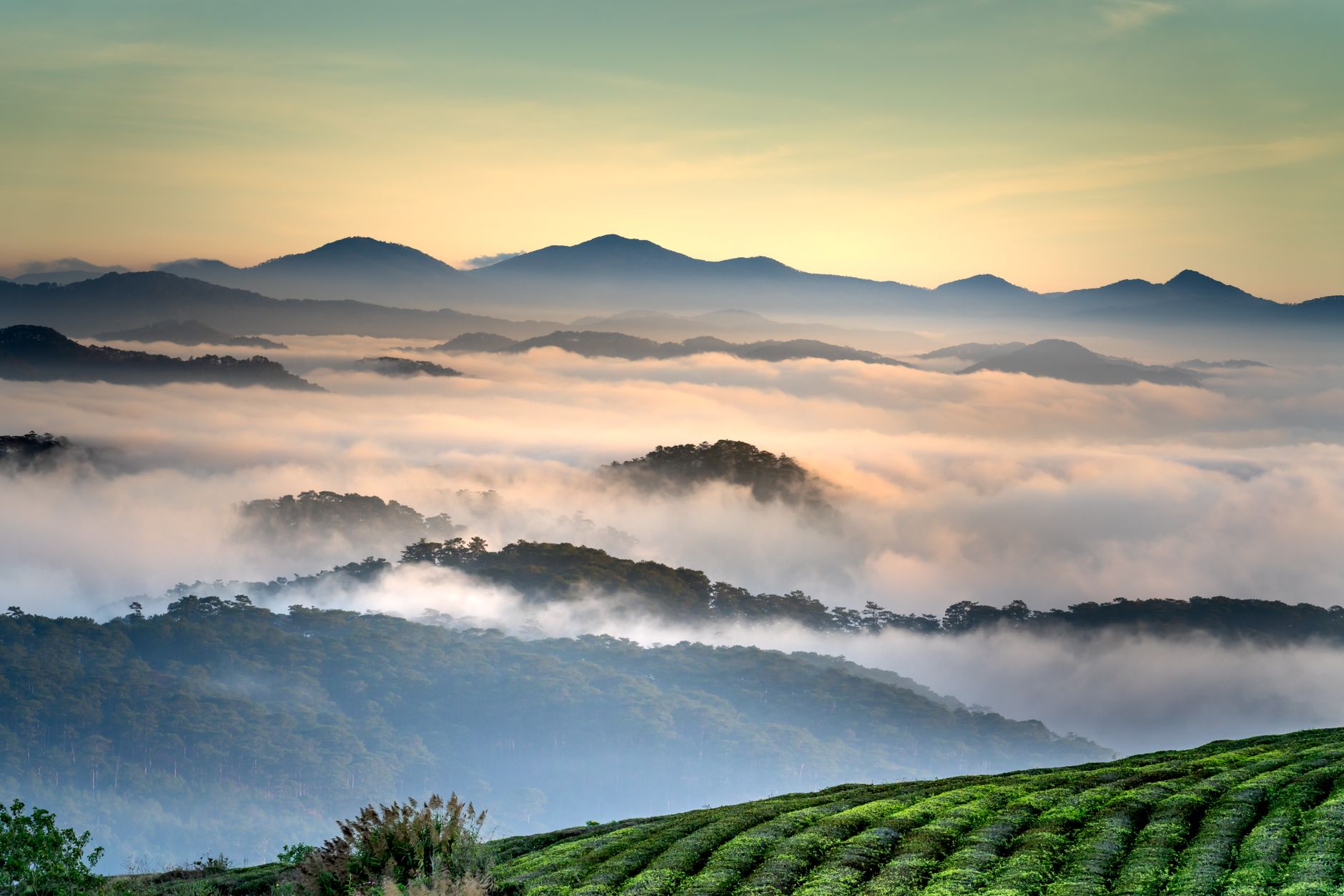 Clouds rolling through highland hills at sunrise